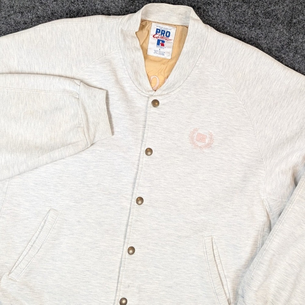 Vintage Russell Athletic Pro Cotton Jacket Grey Pink Embroidered Large USA Made